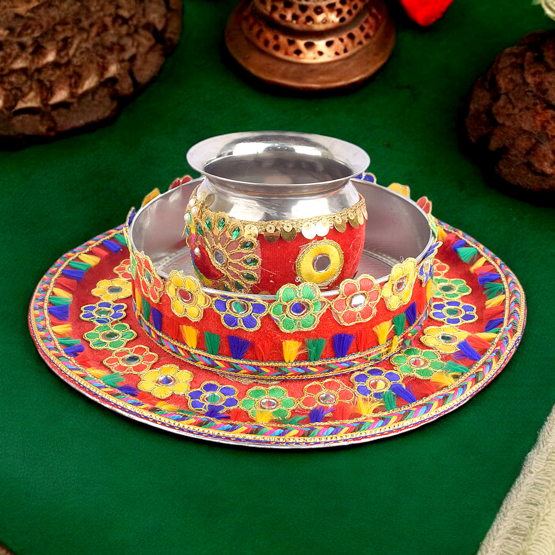 Karwa Chauth Handmade Floral Thali Set - 3pc