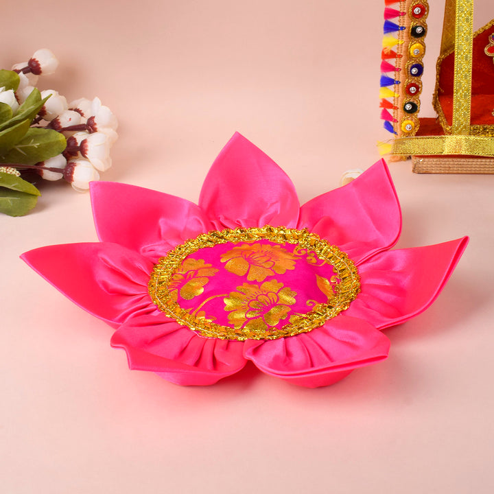 Sacred satin Kamal Asan with lotus design and golden lace border for pooja and meditation. Indiaβs Largest Pooja Accessories Brand - www.satvikstore.in