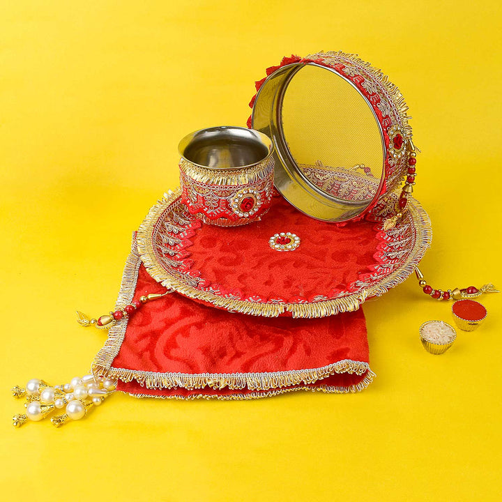11 Pc Elegant Red Embroidery Karwa Chauth Thali Set with Sieve, Kalash, Cover and Full Puja Kit. India’s Largest Pooja Accessories Brand - www.satvikstore.in