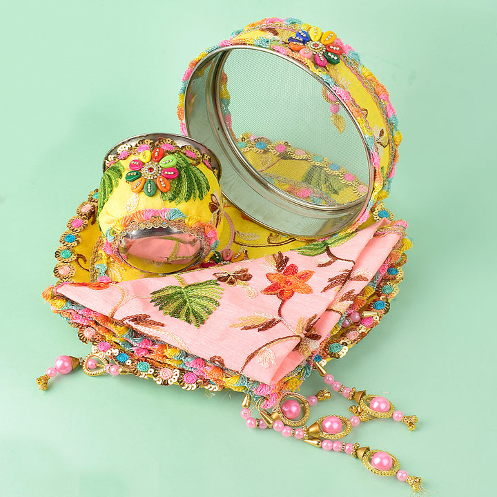 11 Pc Elegant Yellow & Baby Pink Embroidery Karwa Chauth Thali Set with Sieve, Kalash, Cover, and Full Pooja Kit. Indiaβs Largest Pooja Accessories Brand - www.satvikstore.in