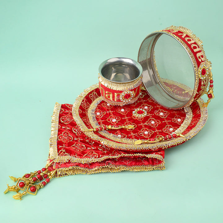 11 Pc Red Embroidery Karwa Chauth Thali Set with Cover, Channi, Kalash, and Full Puja Kit. Indiaβs Largest Pooja Accessories Brand - www.satvikstore.in