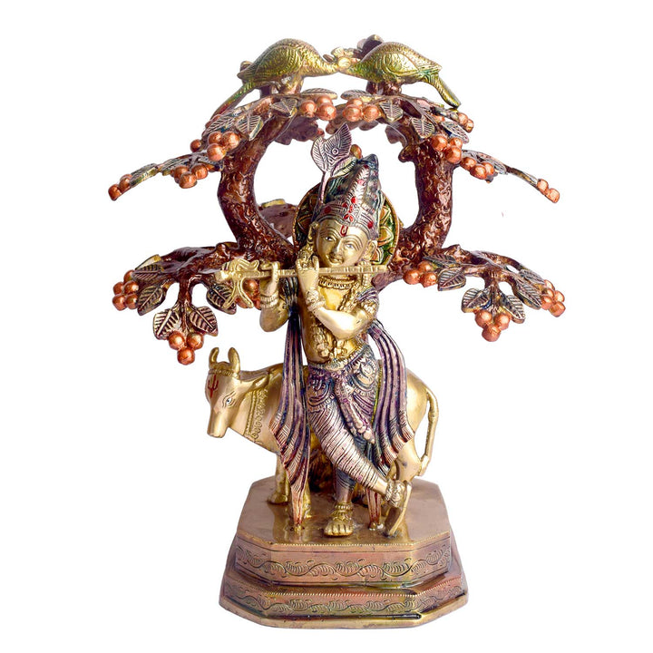 13.4-inch pure brass statue of Lord Krishna standing with a cow under a tree, representing divine love, protection, and harmony, perfect for home or temple decor. Indiaβs Largest Brass Idols Brand - www.satvikstore.in
