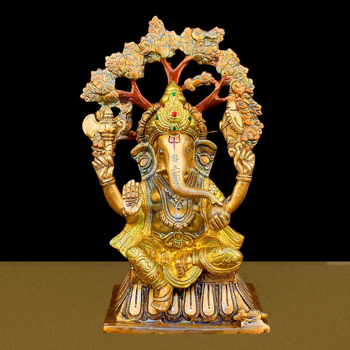 14.2-inch Lord Ganesha brass murti sitting under a beautifully crafted tree, symbolizing wisdom, protection, and prosperity. India’s Largest Brass Idols Brand - www.satvikstore.in