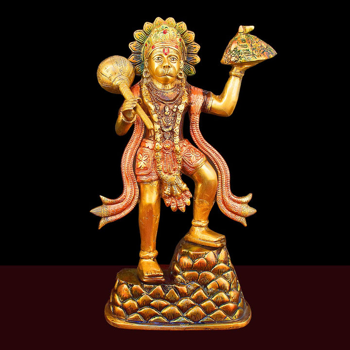 14 Inch Brass Lord Hanuman Carrying Sanjeevani Mountain with fine detailing, symbolizing strength, devotion, and protection – perfect for pooja room, home temple, or as a spiritual gift. No.1 Brass Idol Store www.satvikstore.in