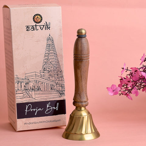 14 cm Wooden Handle Brass Bell with polished brass body and sturdy wooden grip, ideal for temple rituals, classrooms, and traditional ceremonies. Indiaβs Largest Pooja Accessories Brand β www.satvikstore.in