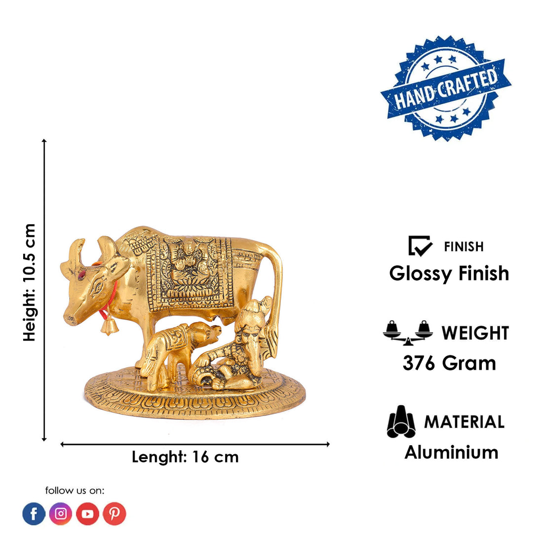 4.9 Inch Graceful Small Kamdhenu Cow with Laddu Gopal and Calf
