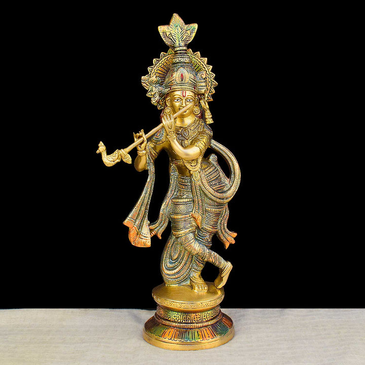 15-inch large brass statue of Lord Krishna, crafted with intricate details, symbolizing devotion, peace, and divine blessings for home and temple décor. India’s Largest Brass Idols Brand - www.satvikstore.in