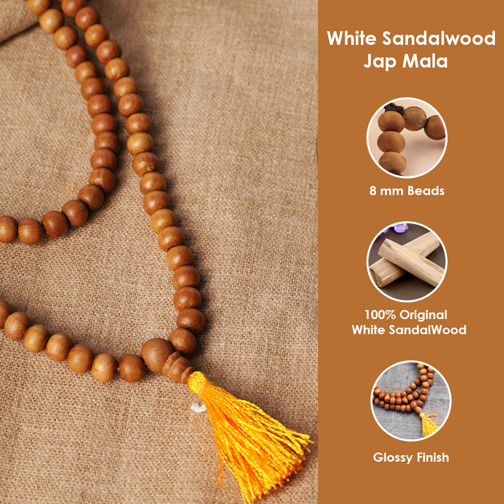 Certified 8mm 100% Original Authentic Mysore White Sandalwood (Chandan) thread Jap Mala