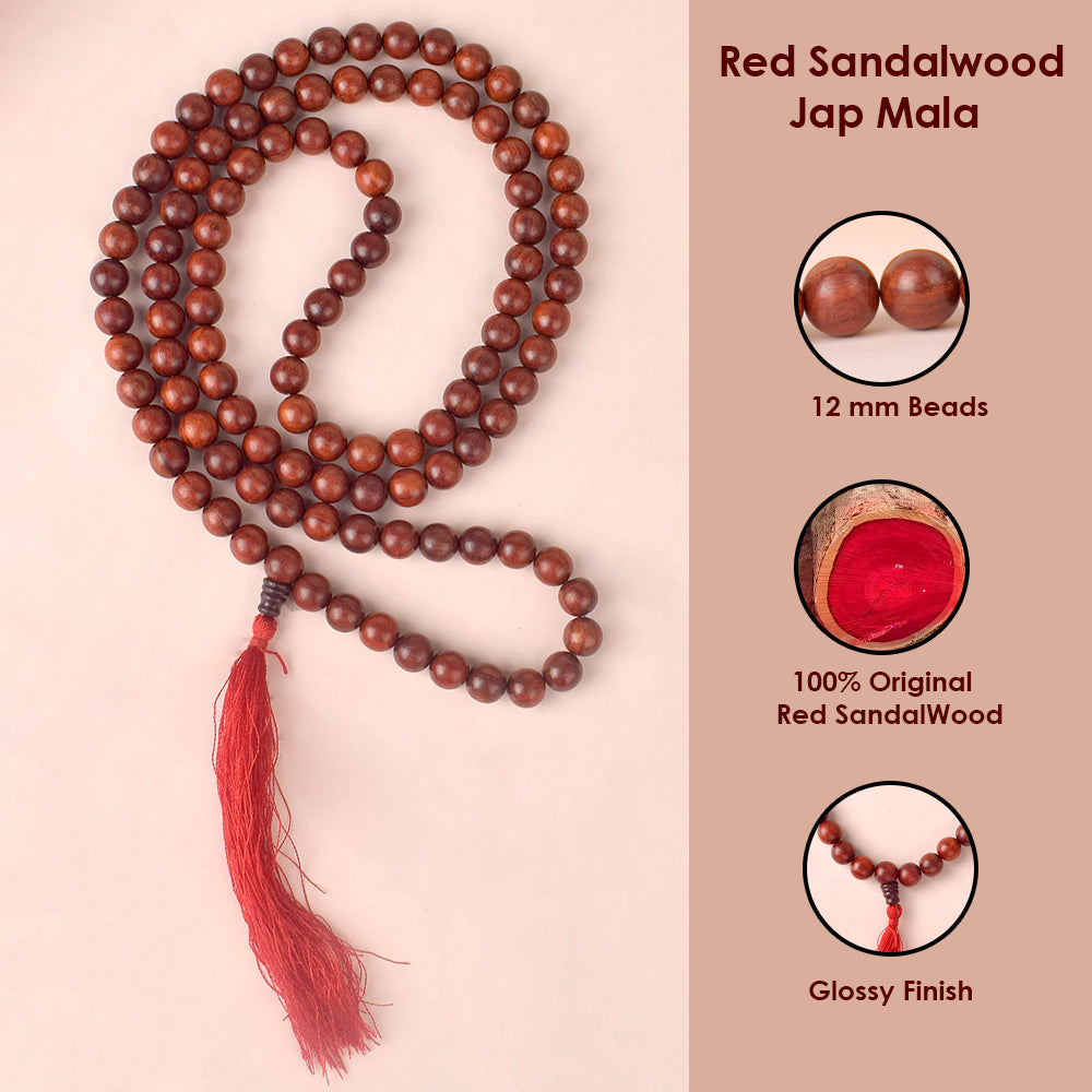Certified 12mm 100% Original Authentic Pure Red Sandalwood Jap Mala (Andhra Pradesh)