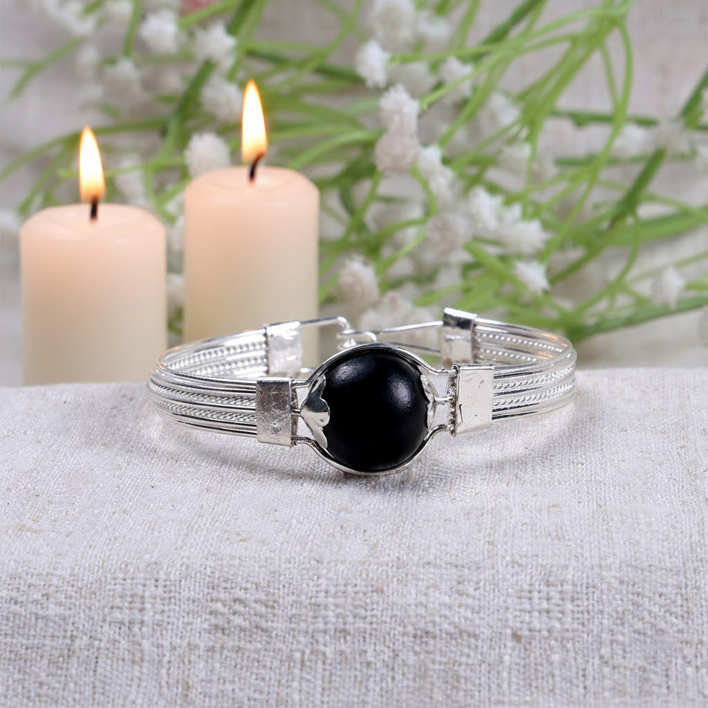 Ebony Wood Karungali Silver Plated Kada Authentic Spiritual Wear
