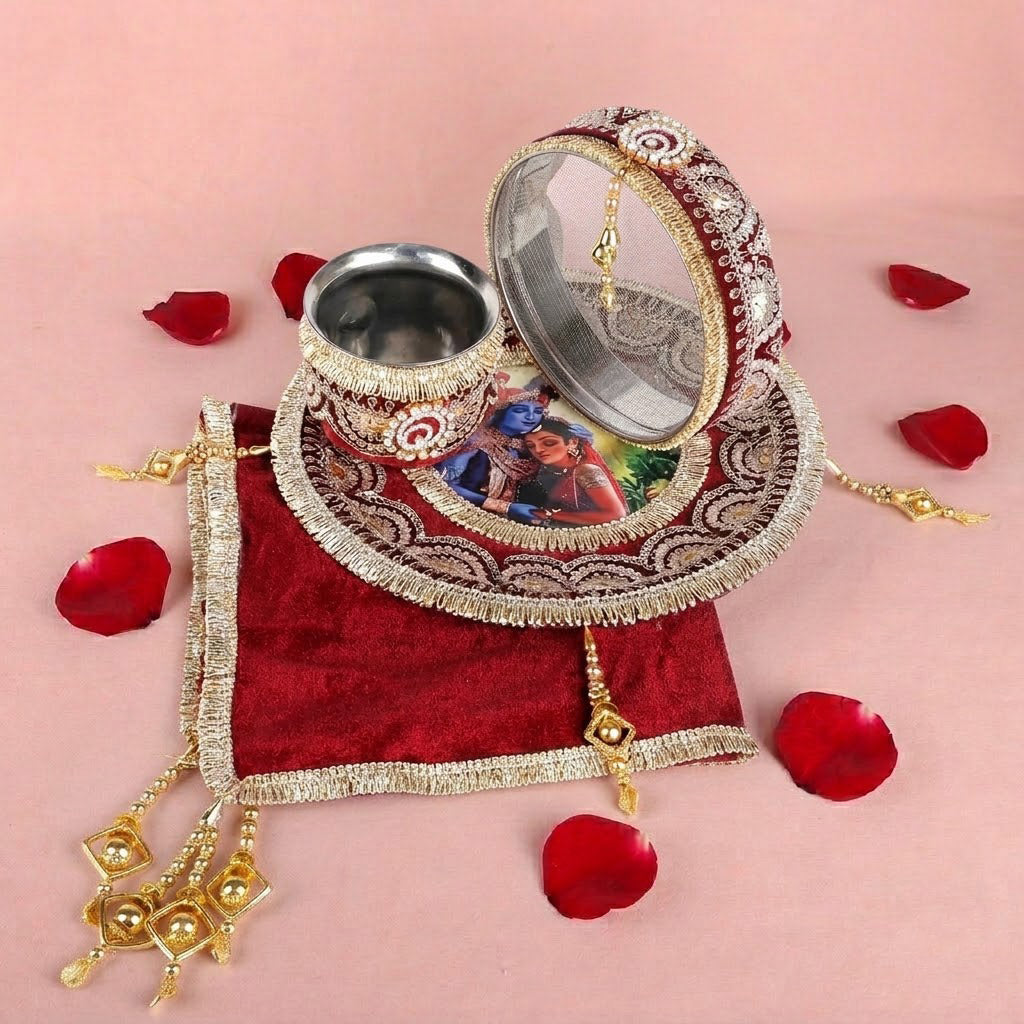 11 Pc Maroon Embroidery Karwa Chauth Thali Set