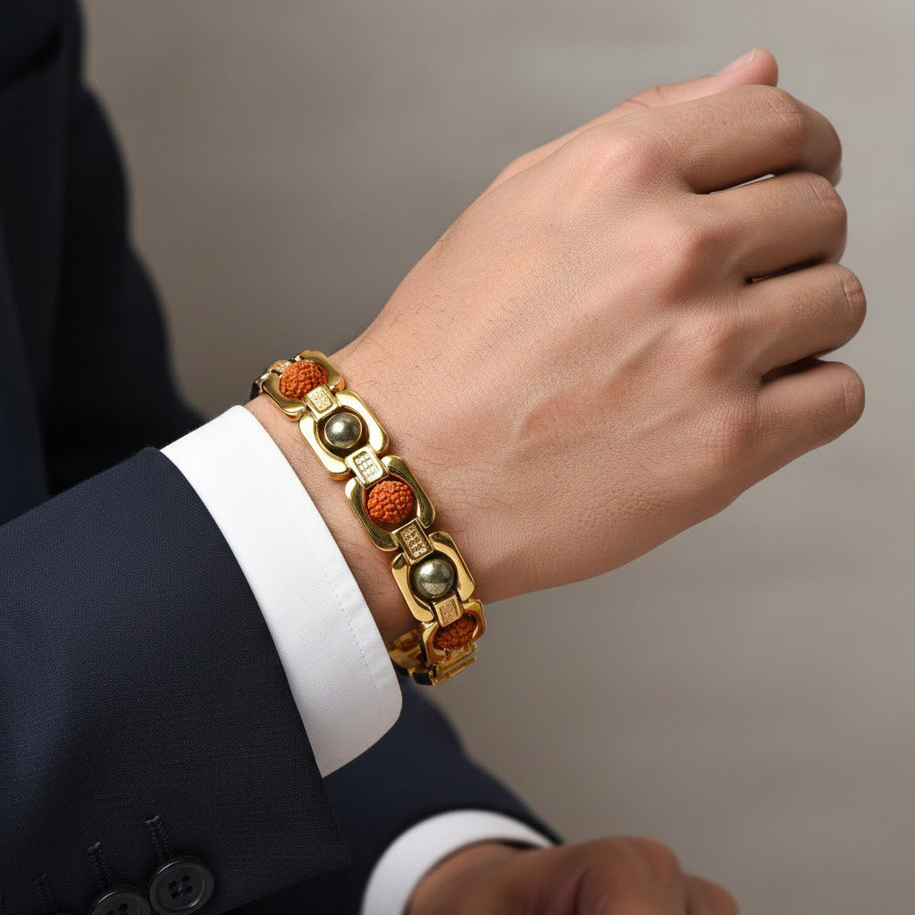 Gold Plated Pyrite Rudraksha Bracelet Premium IGP Coating