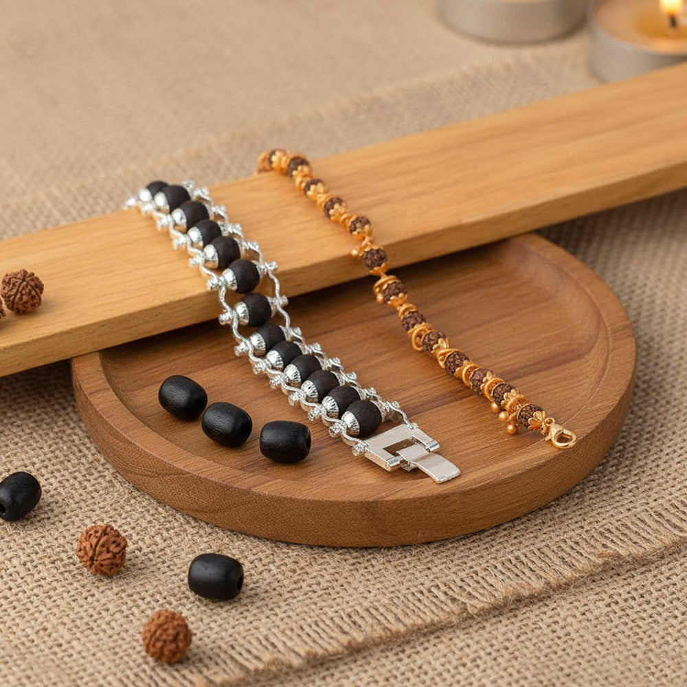 Combo of Silver Plated Karungali Bracelet & Gold Plated Rudraksha Bracelet with Premium PVD Coating – Sacred Spiritual Jewelry. India’s Largest Pooja Accessories Brand - www.satvikstore.in