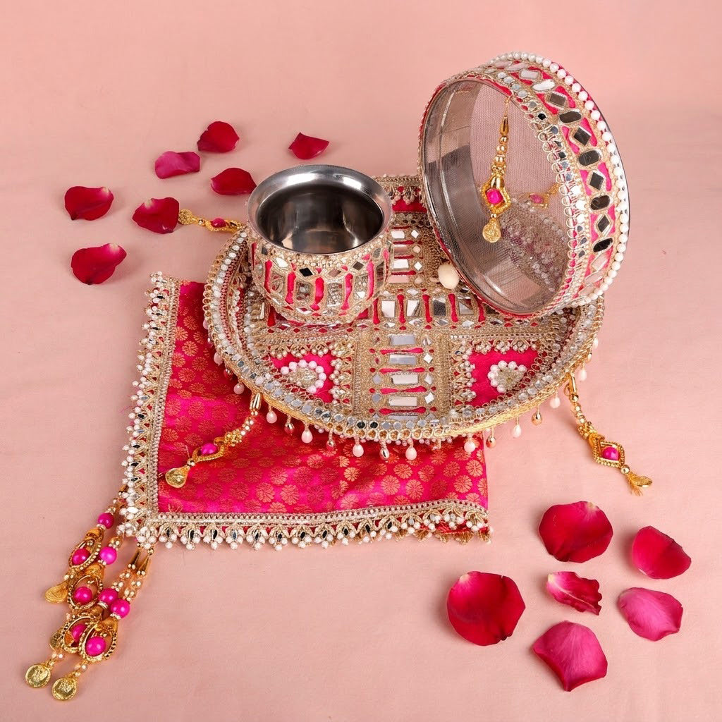 11 Pc Pink Embroidery Karwa Chauth Thali Set