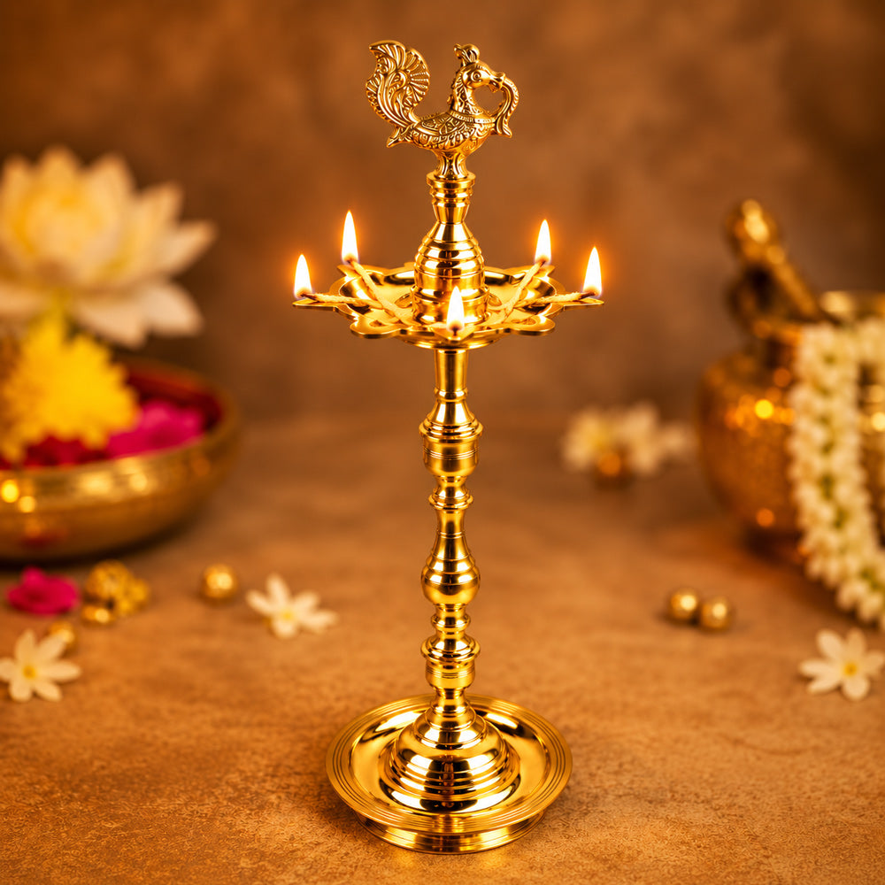 22.5-23 Inch Brass Peacock Kerala Diya