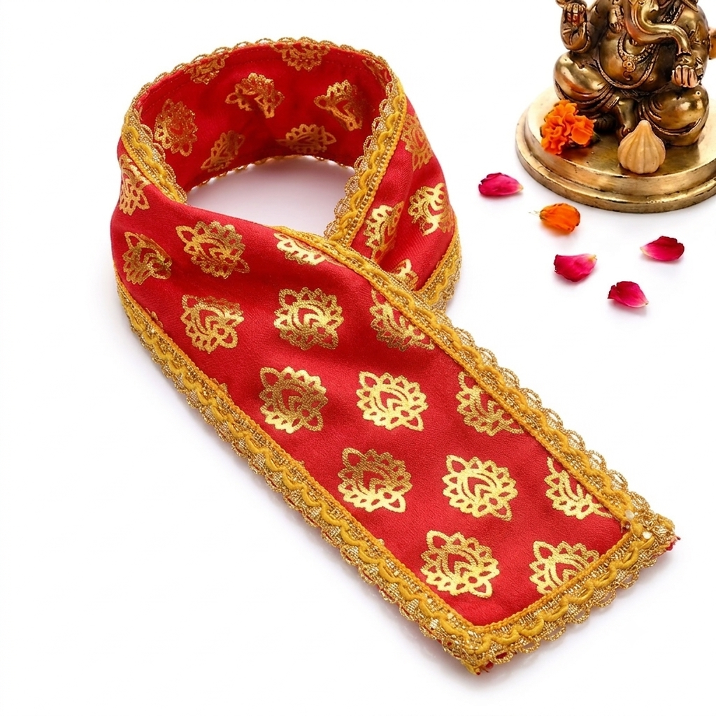 Red Printed Ganpati Idol Patka with Lace Border - 13 Inch