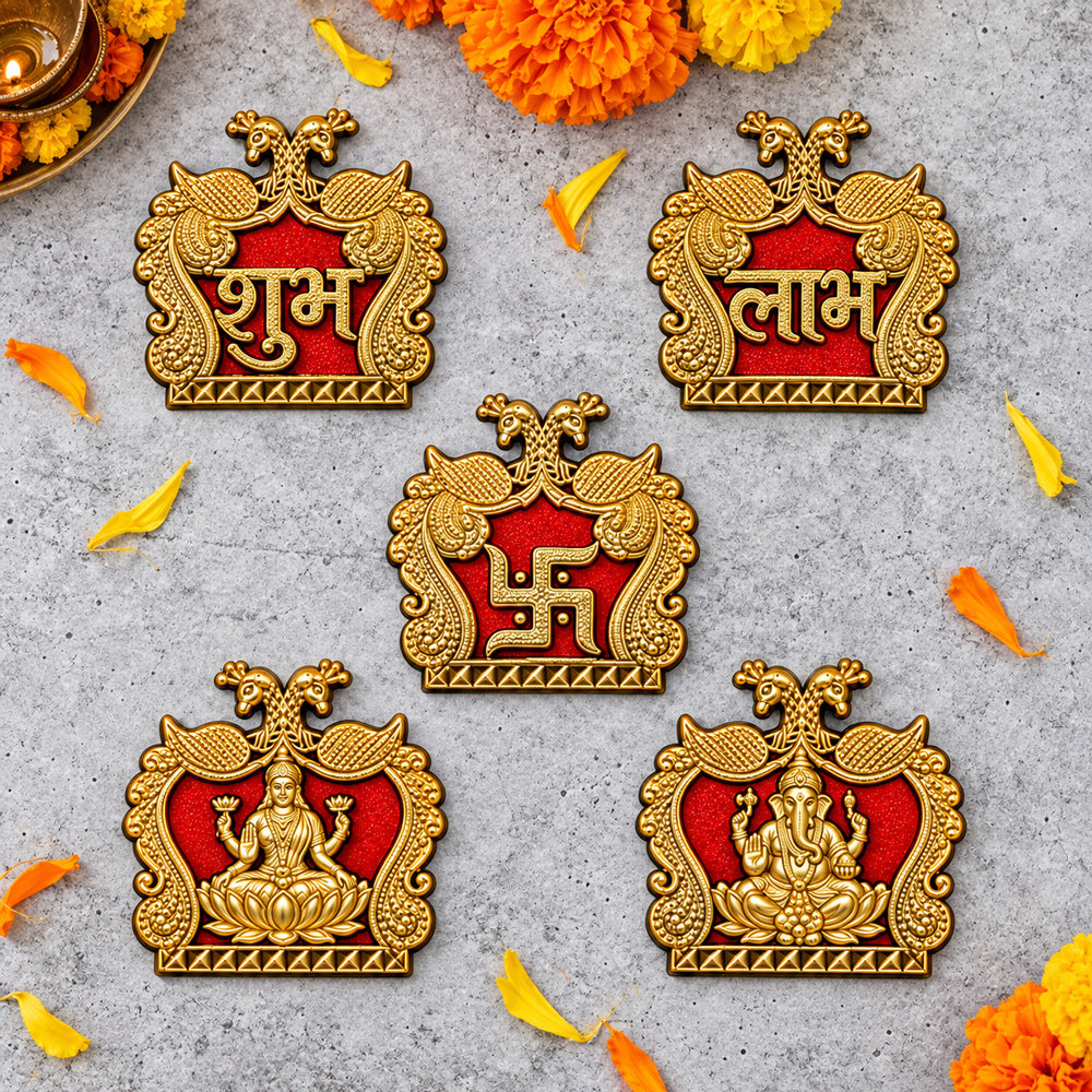 Red & Gold Shubh Labh, Swastik, Laxmi & Ganesh Sticker Set of 5