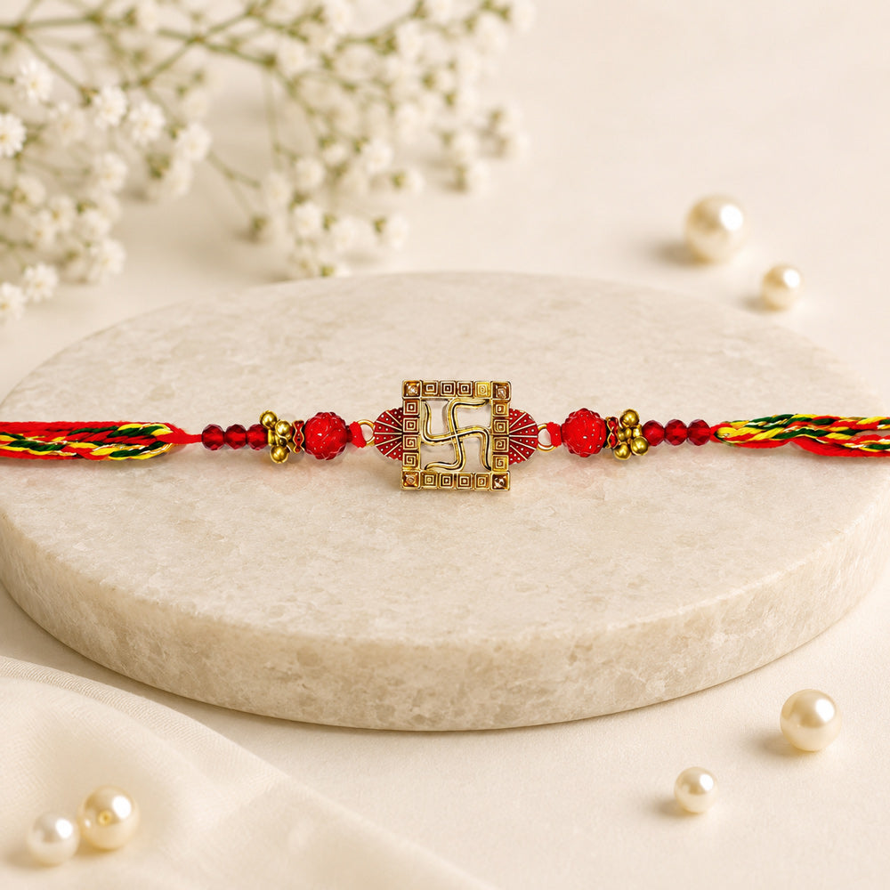 Traditional Red and Gold Swastik Motif Rakhi