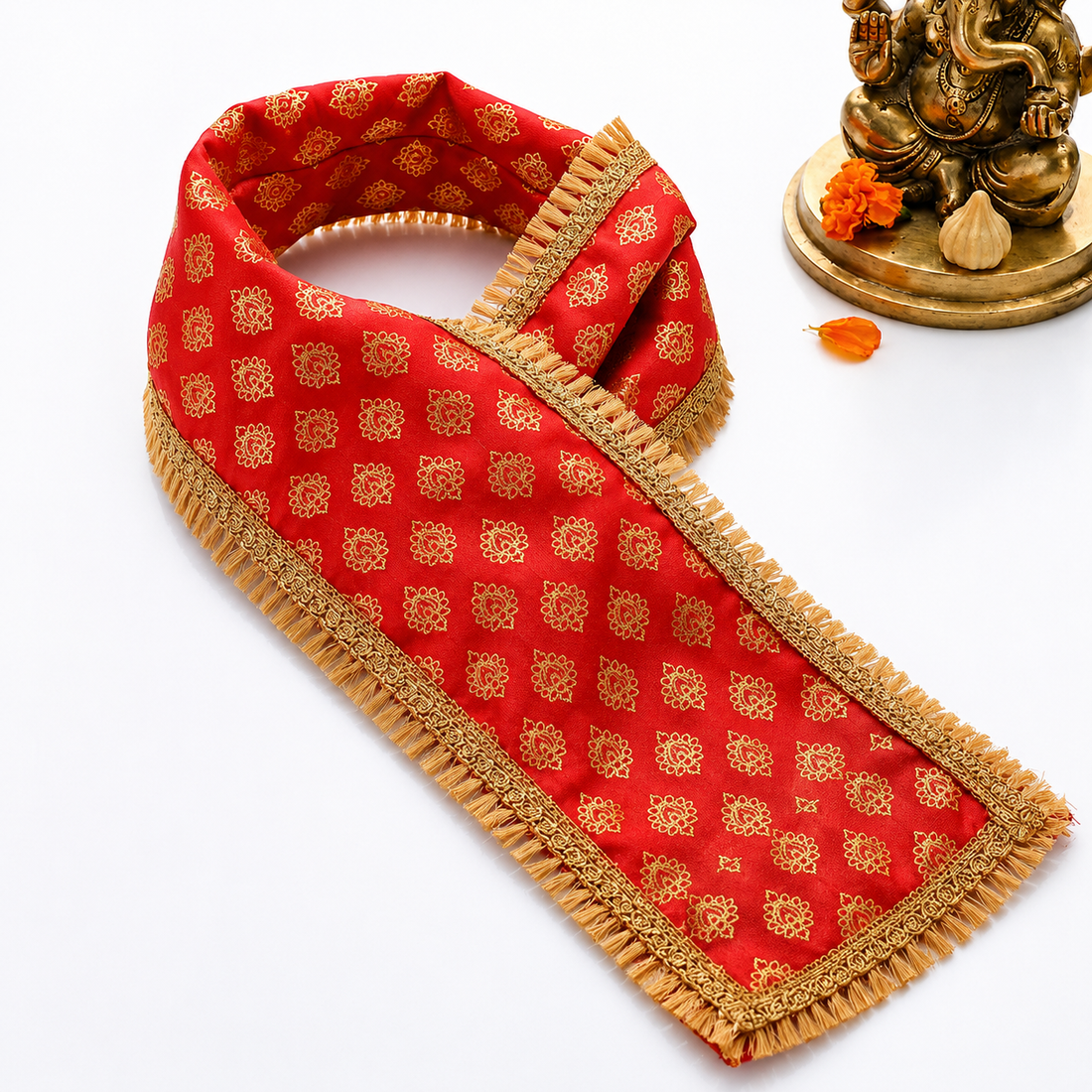 Red Printed Ganpati Idol Patka with Gold Lace and Tassels - 32 Inch