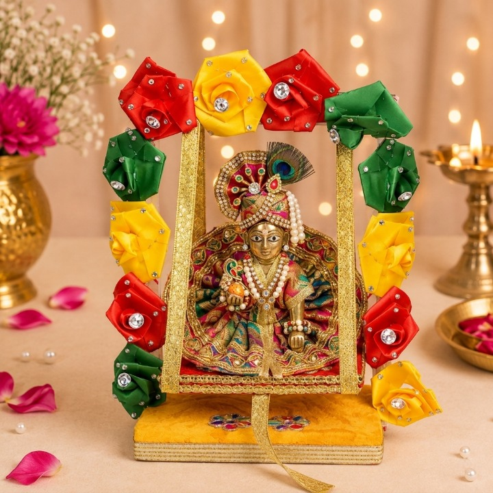 Royal Wooden Velvet Jhula – Floral Gota Swing for Laddu Gopal
