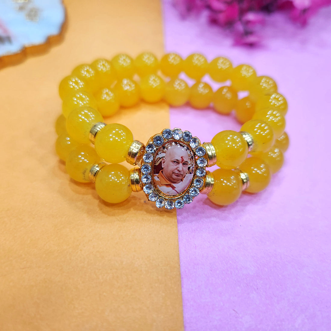 Yellow Round Pearl Bracelet with Jai Guruji Swaroop
