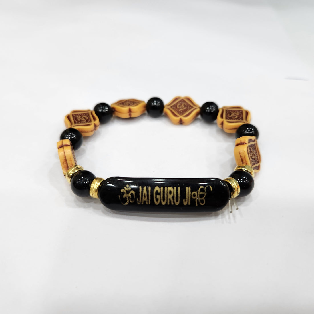 Black Om Beaded Jai Guru Ji Bracelet, Handmade Bracelets for Men and Women