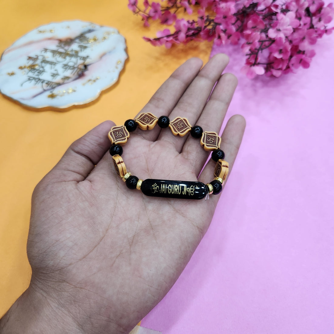 Black Om Beaded Jai Guru Ji Bracelet, Handmade Bracelets for Men and Women