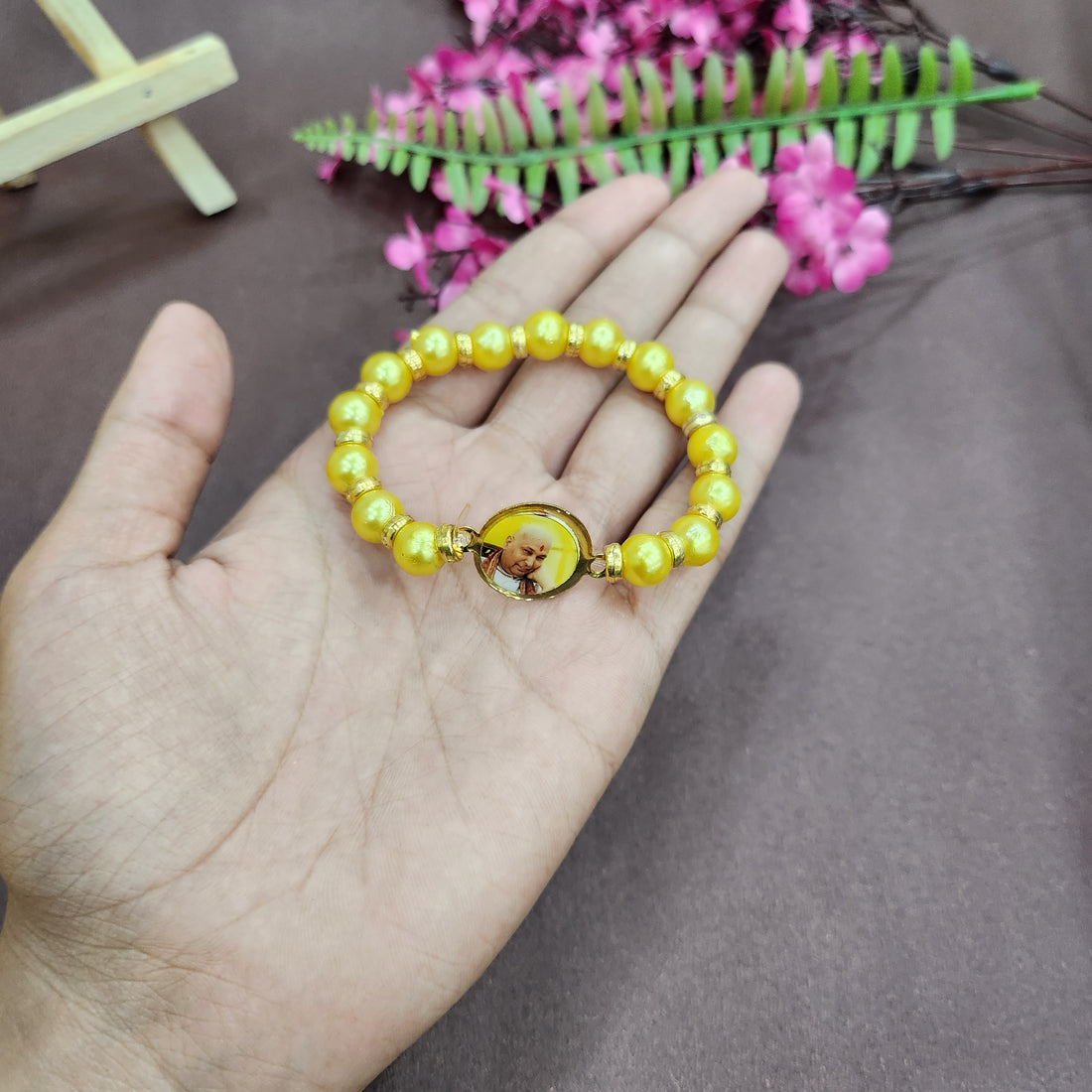 Yellow Round Pearl Bracelet with Jai Guruji Swaroop Handmade Bracelets for Men and Women.