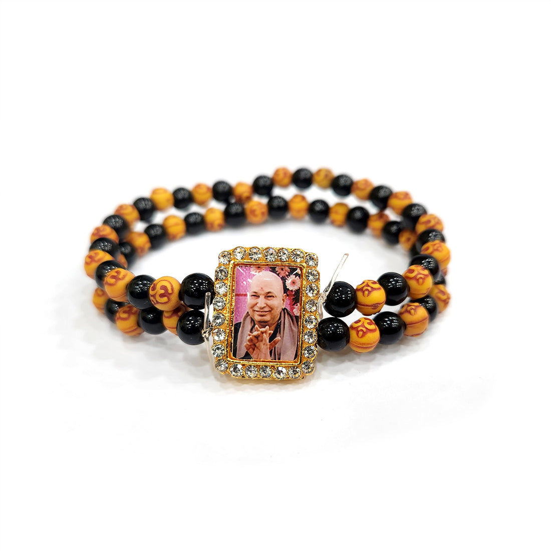 Om Carved Black Double Band Round Pearl Bracelet with Jai Guruji Swaroop Handmade Bracelets for Men and Women