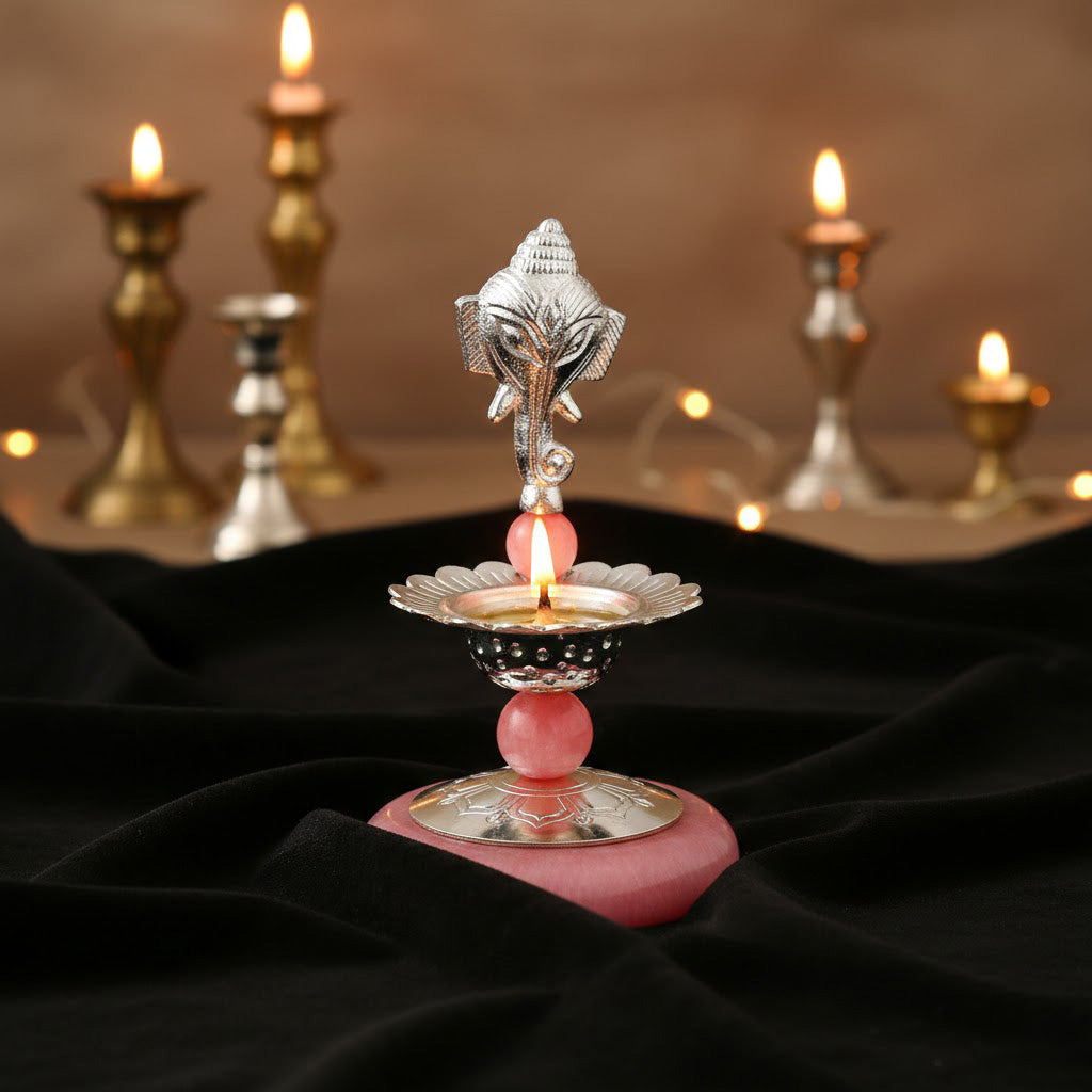 Ganesh Long Hand Deepam – Silver Plated Pooja Lamp Spiritual Use