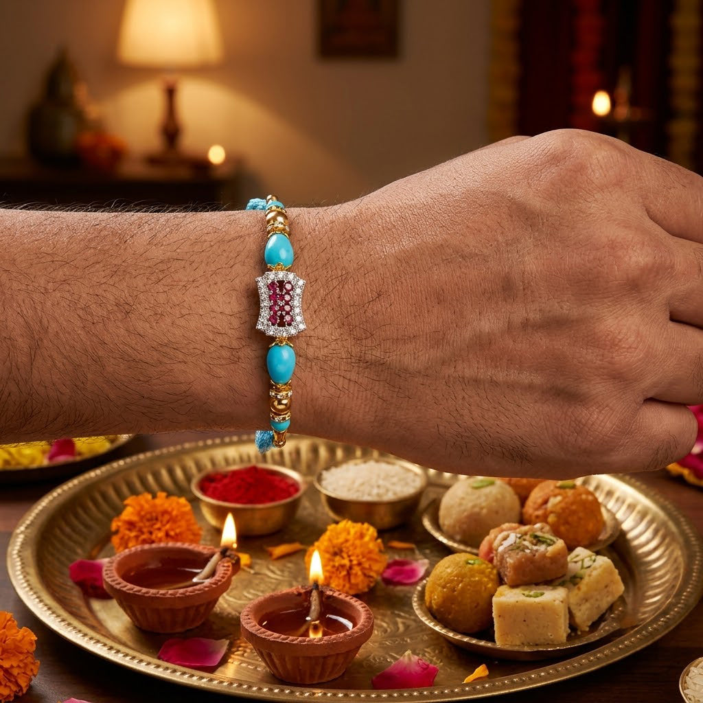 Auspicious Red and White Stone Studded Designer Rakhi