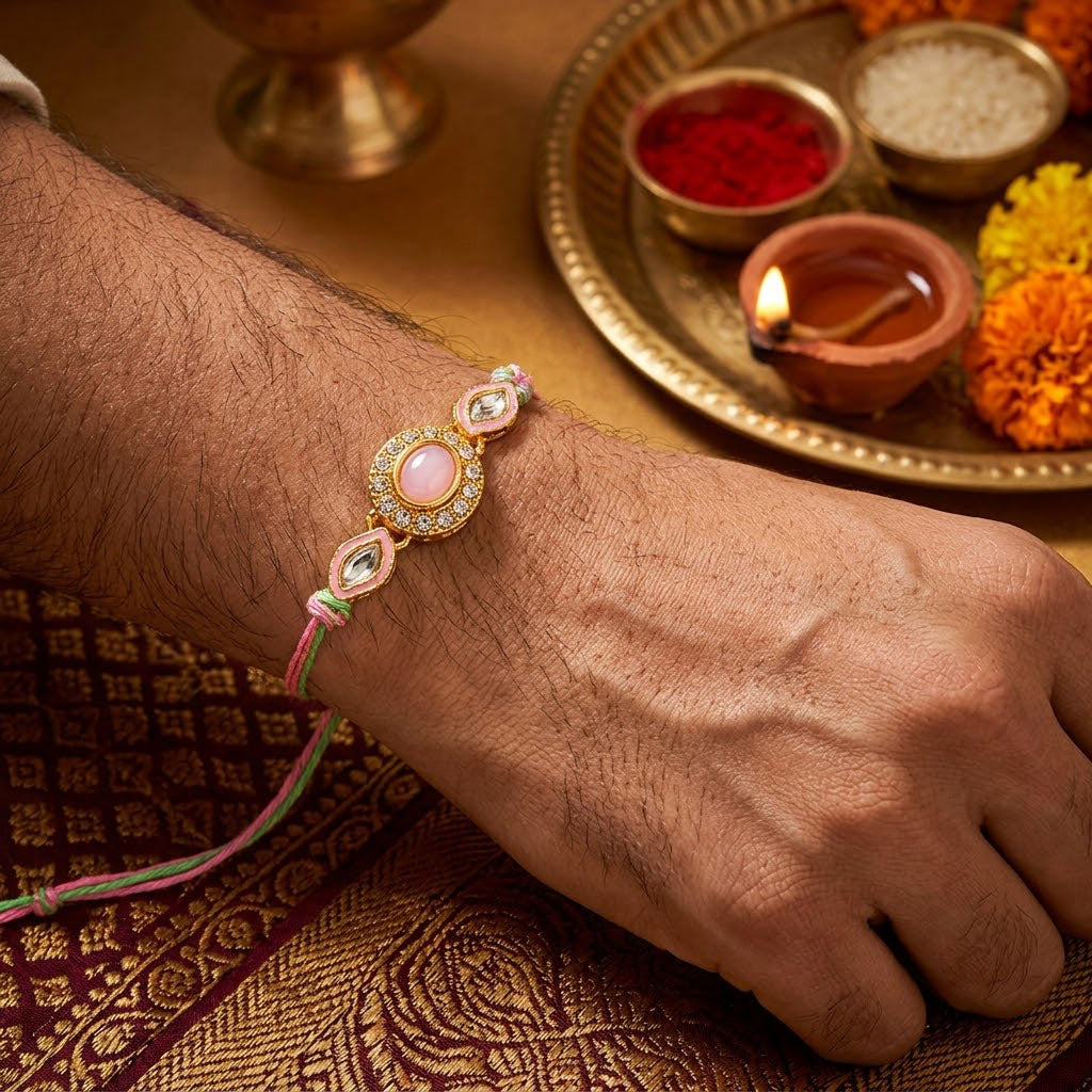 Pastel Pink Oval Stone and Kundan Designer Rakhi