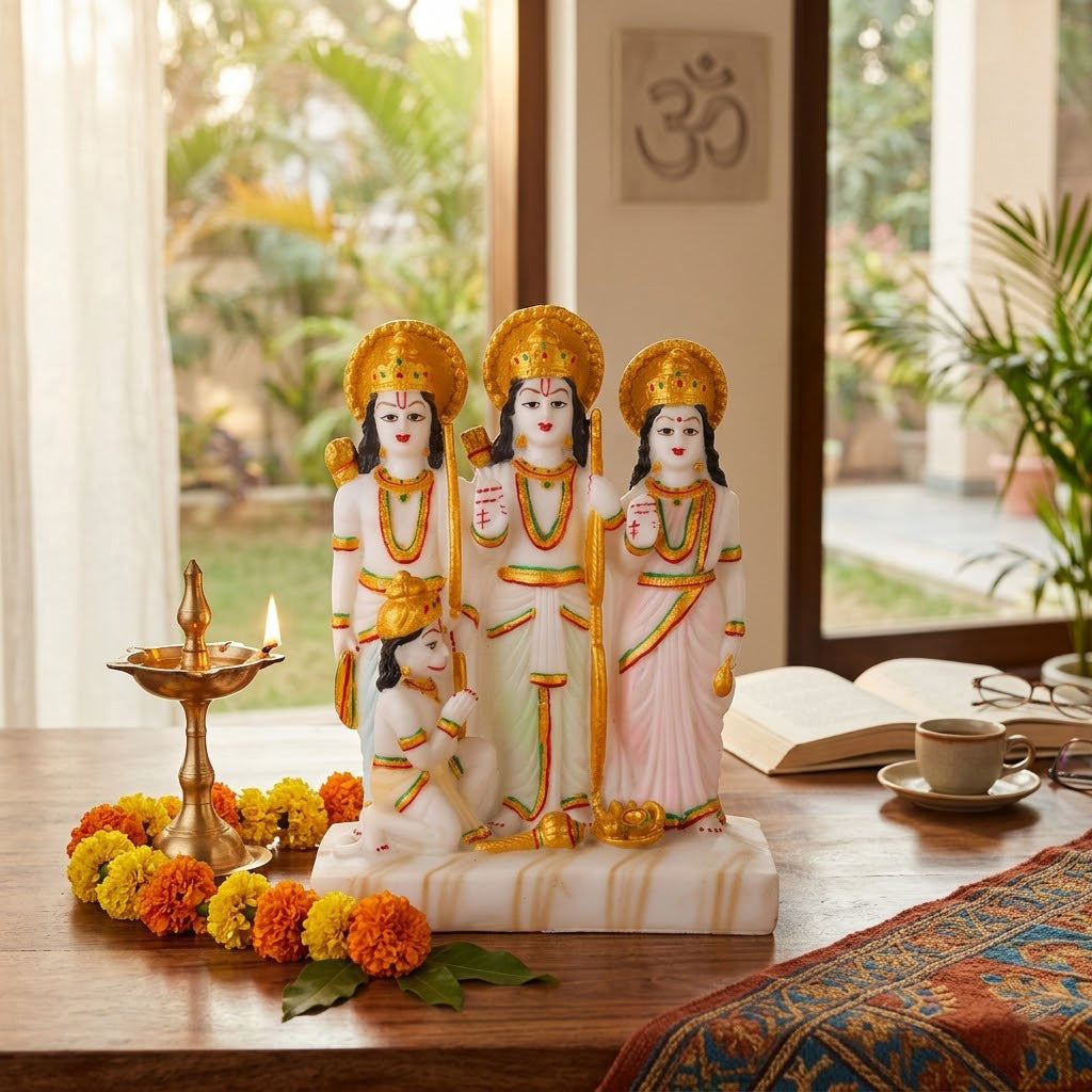 Premium White Marble Dust Ram Darbar Idol Statue