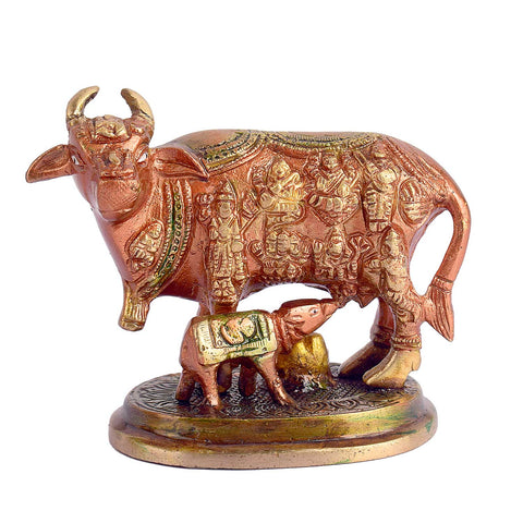 3.9 inch pure brass Kamdhenu cow with calf idol symbolizing prosperity, divine blessings, and abundance. Indiaβs Largest Brass Idols Brand - www.satvikstore.in