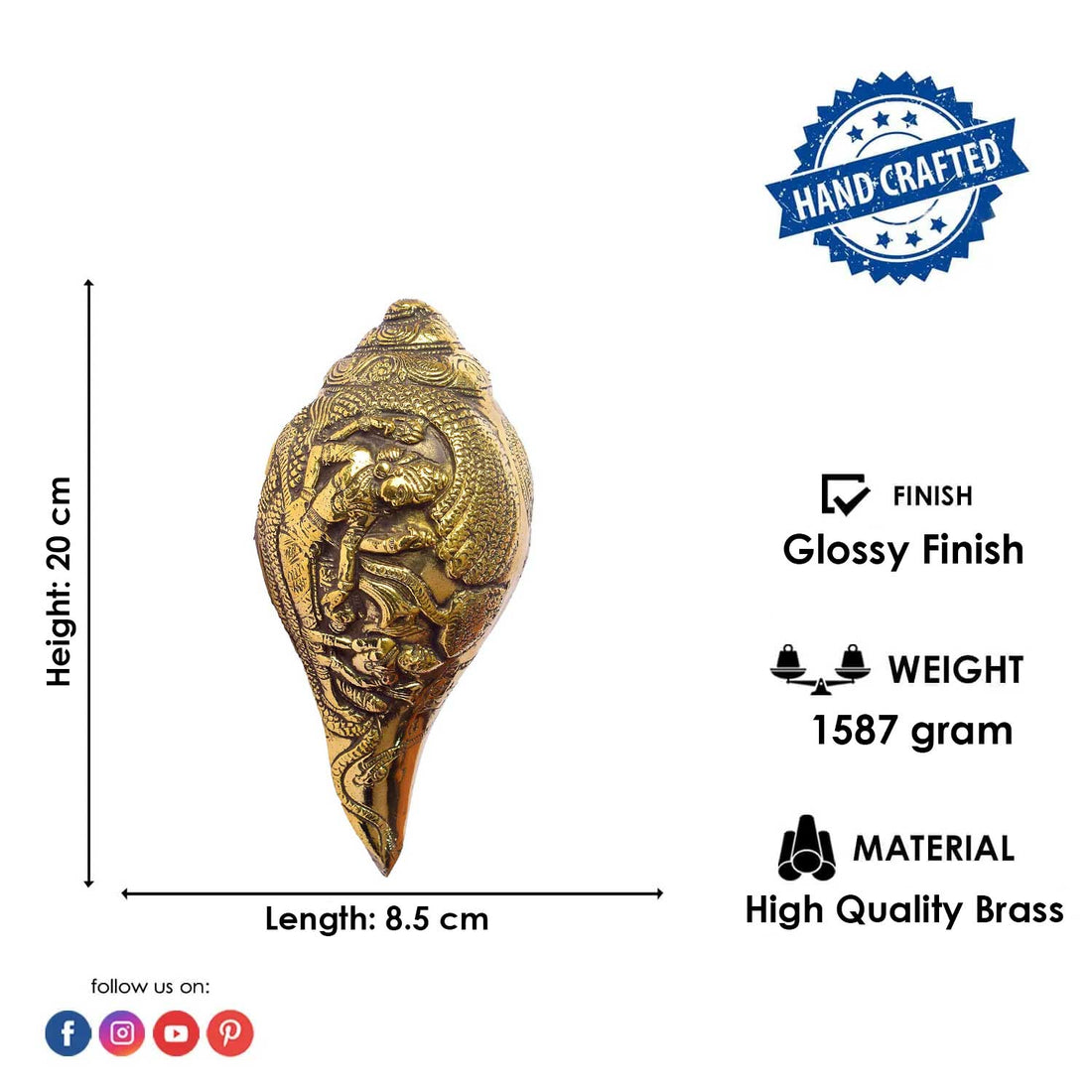 3.3 Inch Brass Engraved Laxmi Vishnu Shankh