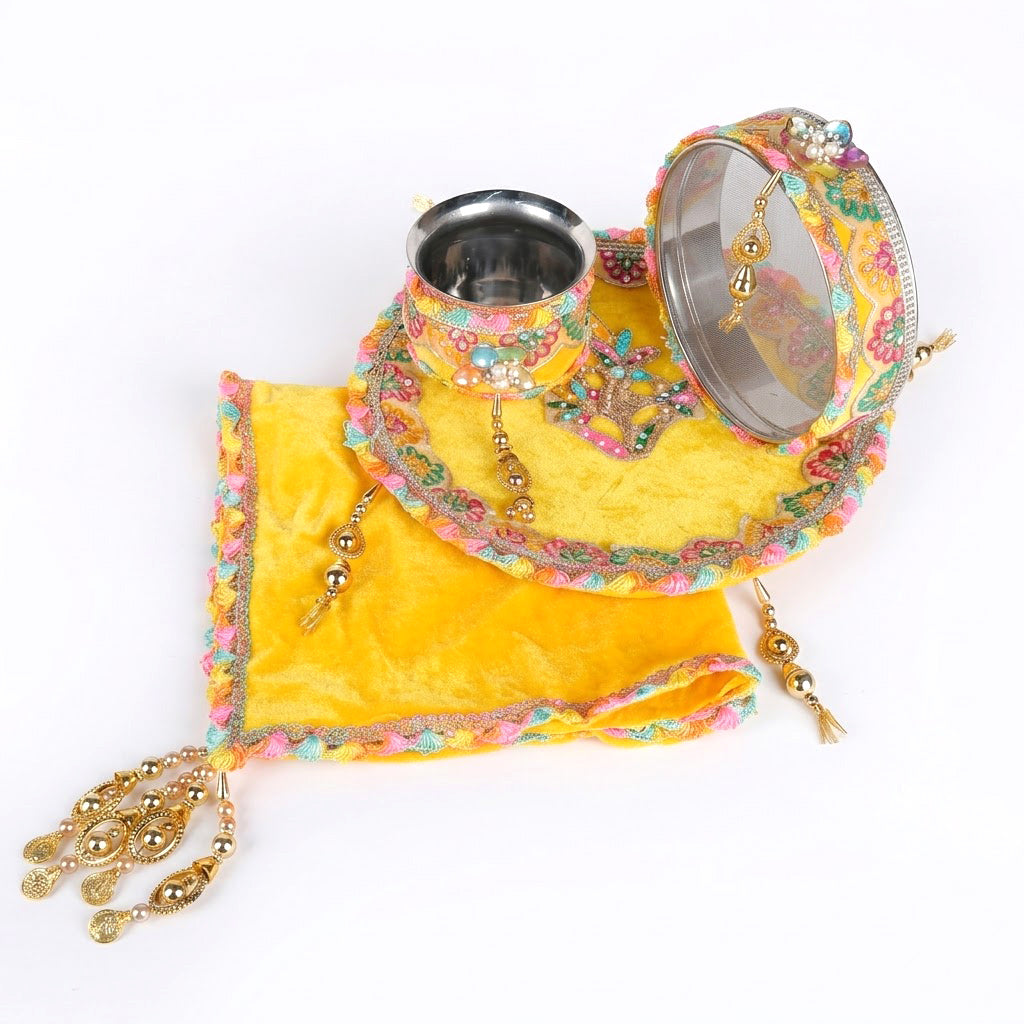 11 Pc Yellow Embroidery Karwa Chauth Thali Set