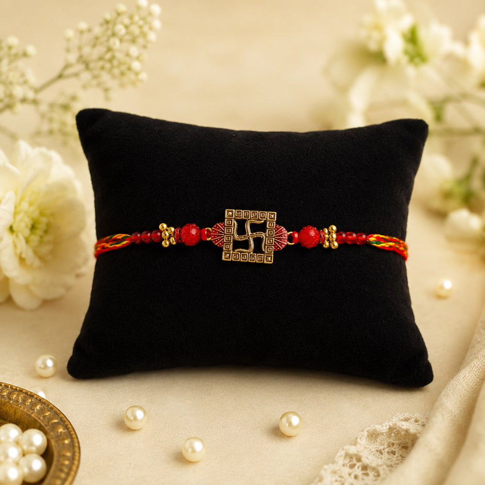Traditional Red and Gold Swastik Motif Rakhi