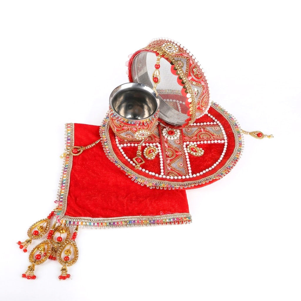 11 Pc Elegant Red Embroidery Karwa Chauth Thali Set