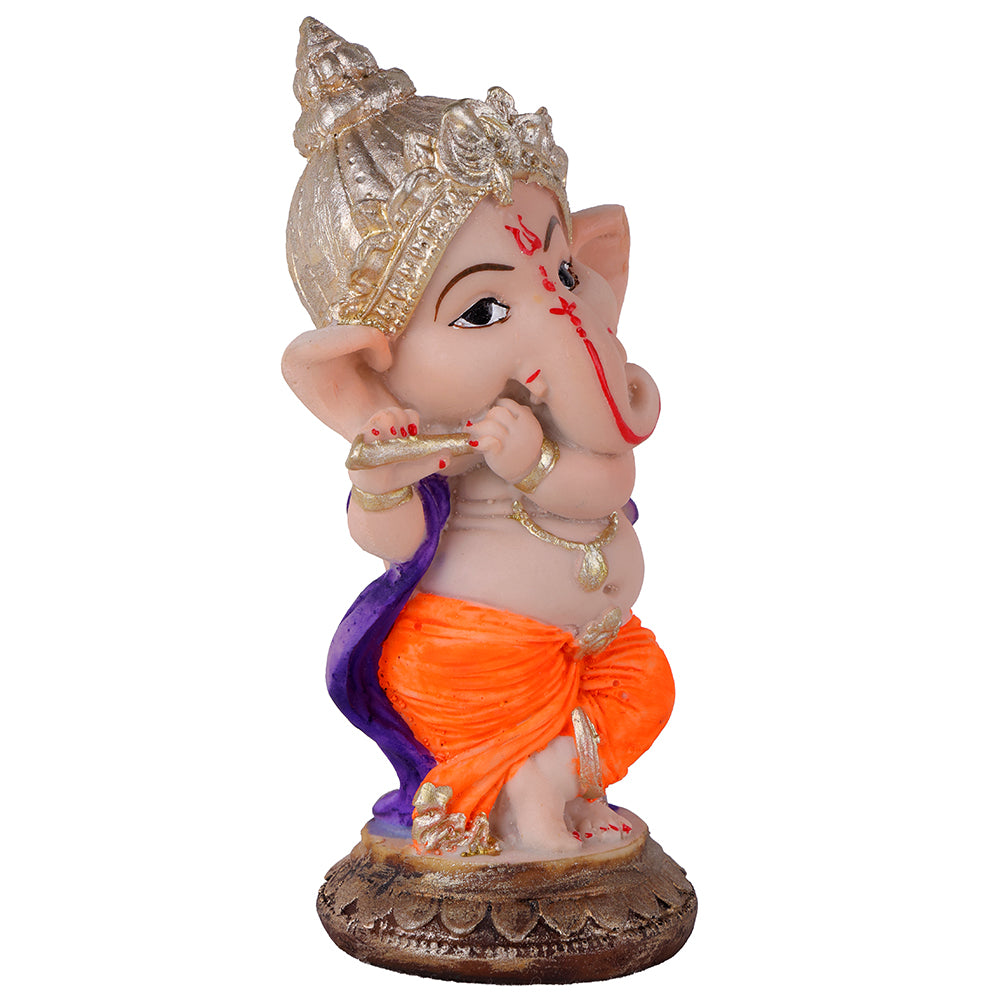 Premium Hand-Painted Playing Flute Resin Ganpati Statue