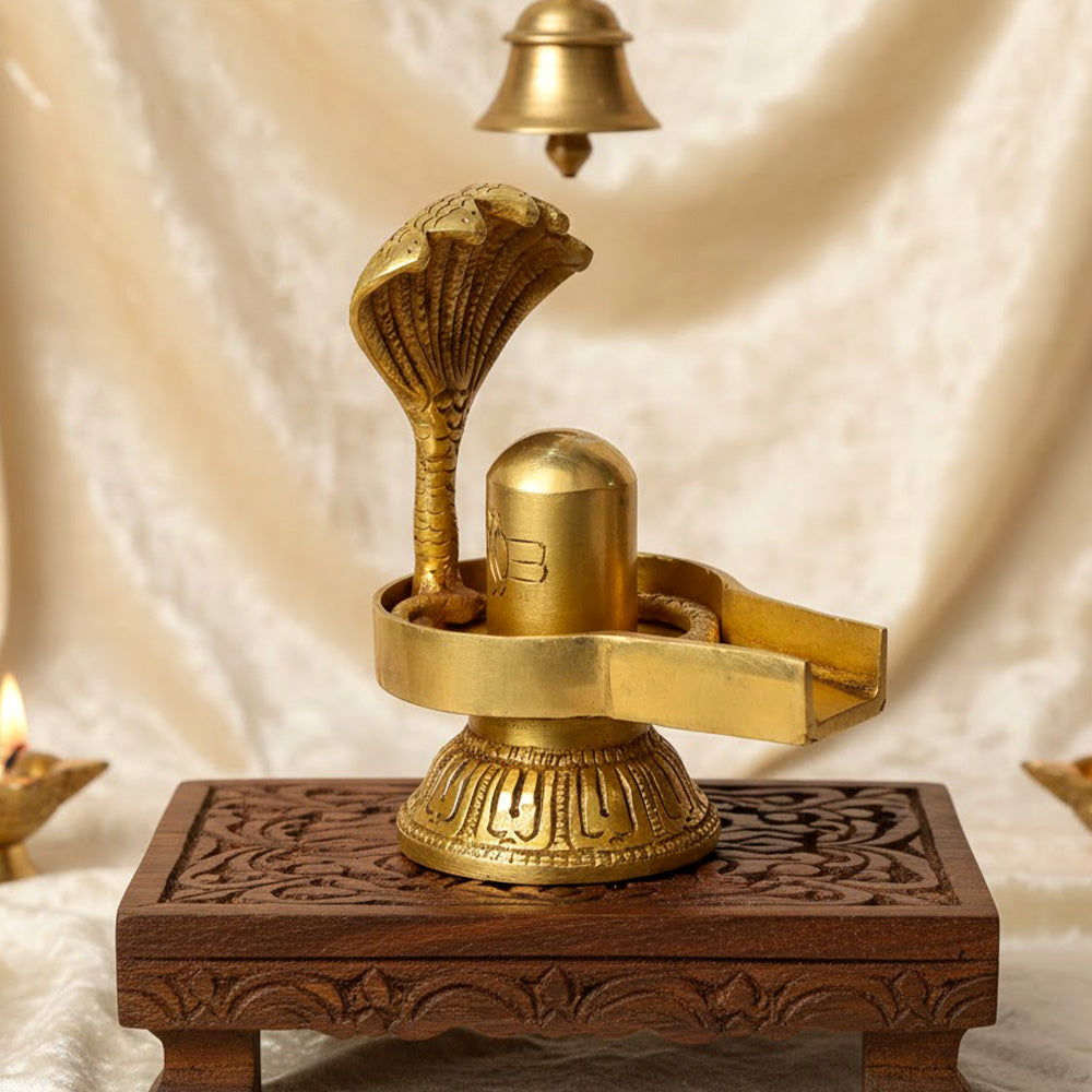 4.7 Inch Handcrafted Brass Shivling with Sheshnaag. Inida's No.1 Brass Idol Store www.satvikstore.in