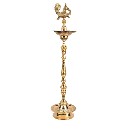 44 Inch Brass Kerala Peacock Samai Deepam Inauguration Lamp β Handcrafted Kerala samai deepam with an intricate peacock design, perfect for grand inaugurations, pooja ceremonies, and religious occasions. Indiaβs Largest Pooja Accessories Brand β www.satvikstore.in