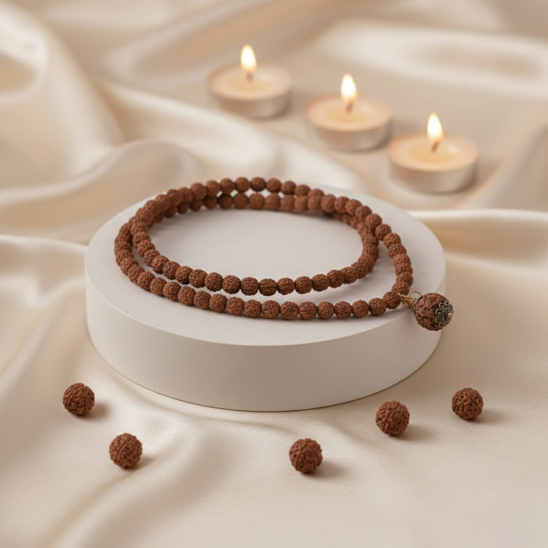 5 Mukhi Rudraksha Mala with Silver-Plated Capping Beads