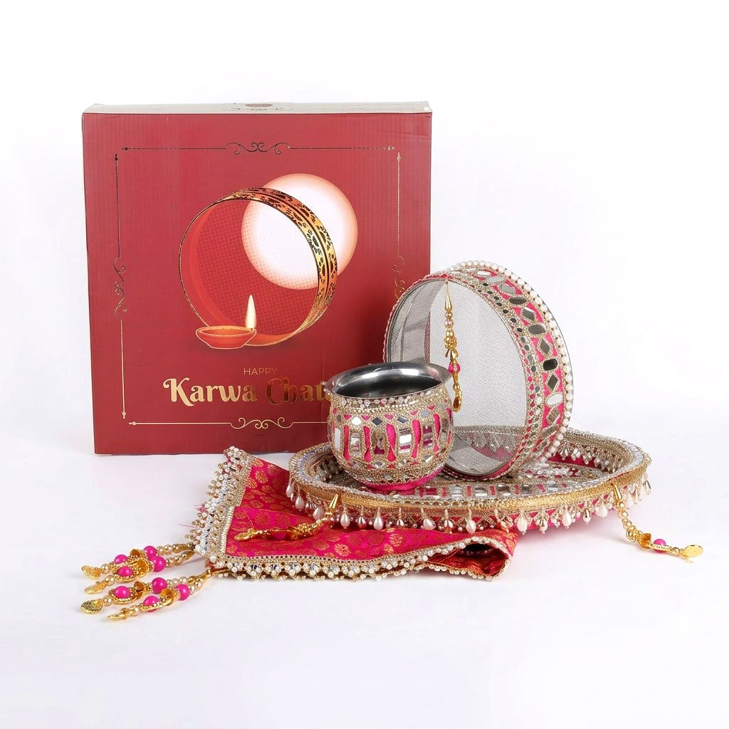 11 Pc Pink Embroidery Karwa Chauth Thali Set