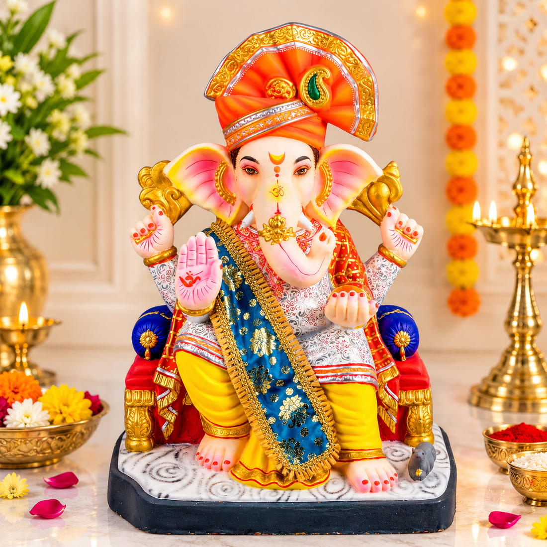 Blue & Gold Floral Brocade Ganpati Idol Patka with Fringe