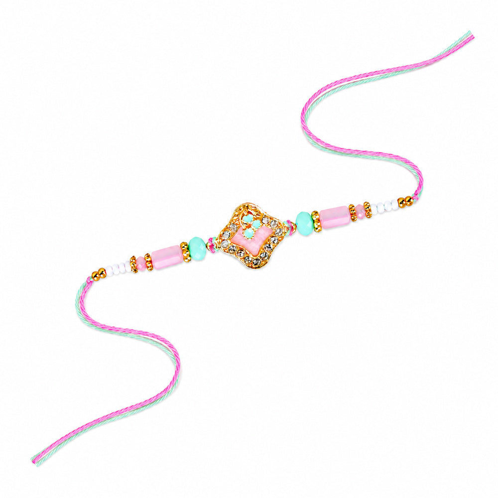 Elegant Pastel Pink and Mint Green Crystal Designer Rakhi