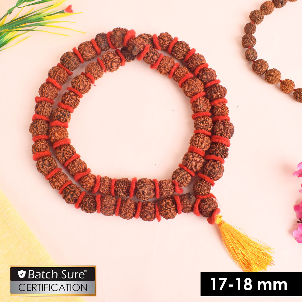 5 Mukhi Rudraksha Kantha Mala with 54 natural beads, strung in red velvet thread for spiritual meditation and daily prayer use. India’s Premium Rudraksha Jap Mala Store- www.satvikstore.in