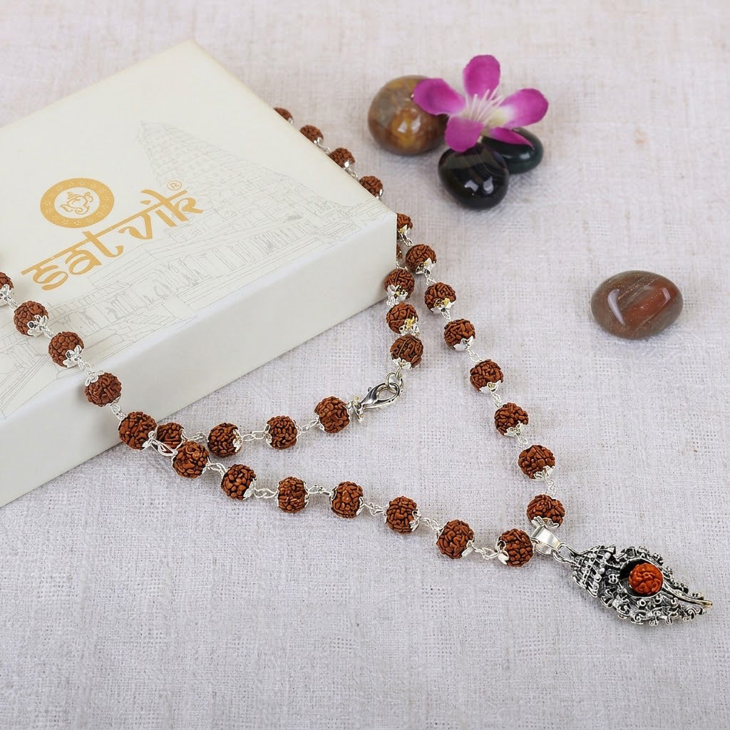 5 Mukhi Rudraksha Mala with Silver-Toned Sumeru Pendant