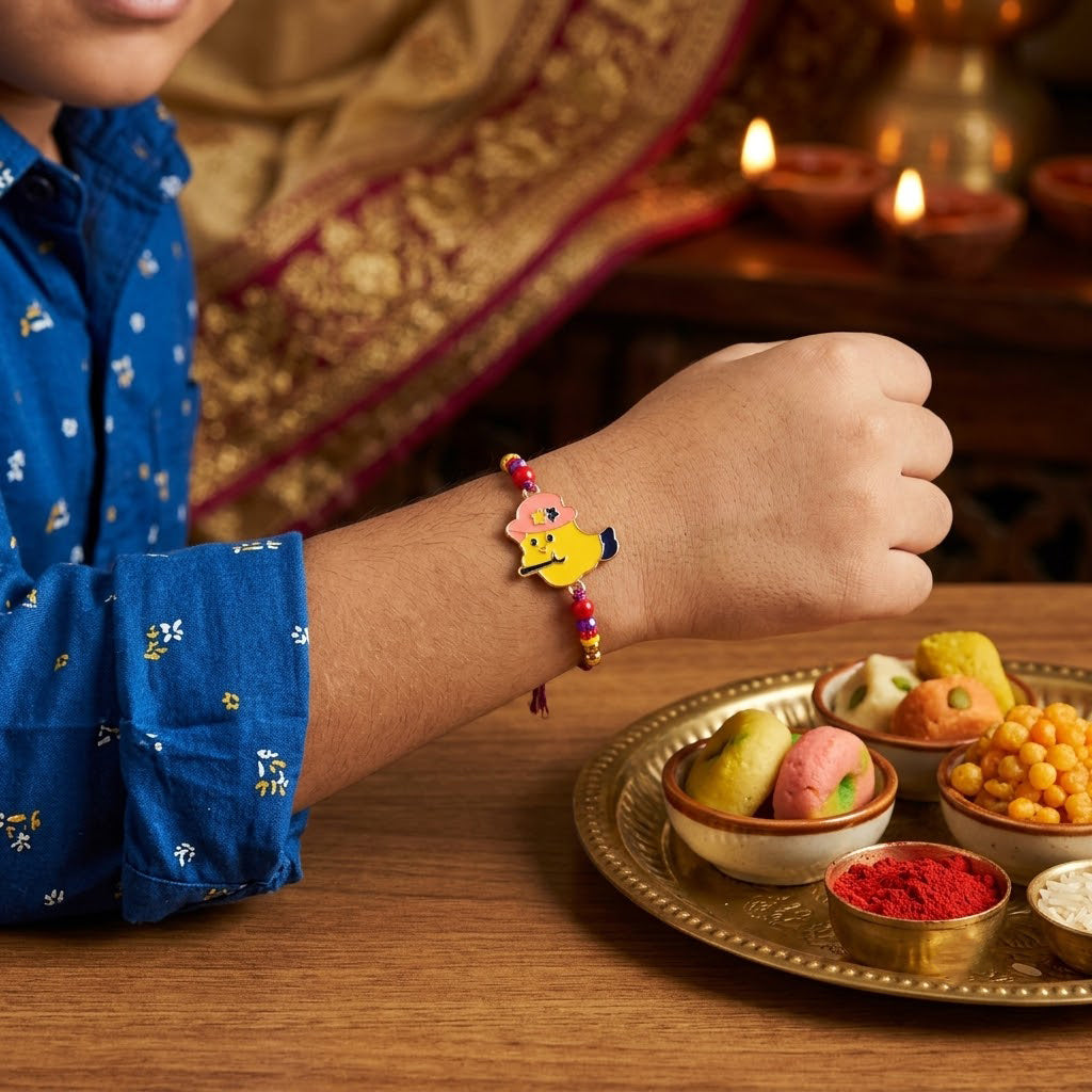 Cute Yellow Bird with Pink Hat Enamel Kids Rakhi
