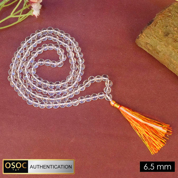 6.5mm Sphatik Diamond Cut Clear Quartz Crystal Jaap Mala with 108 Beads for Positive Energy and Meditation. India’s Premium Jap Mala Store - www.satvikstore.in