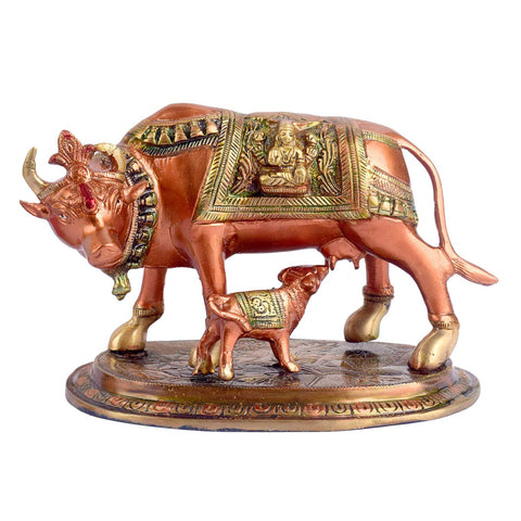 6.7 inch antique brass Kamdhenu cow with calf idol, symbolizing prosperity, wealth, and divine blessings. Indiaβs Largest Brass Idols Brand - www.satvikstore.in